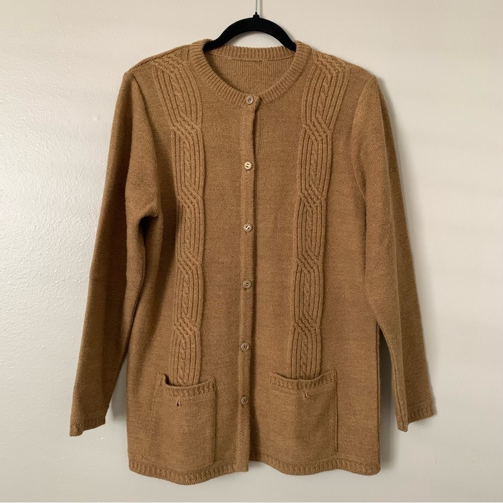 Vintage Tan Brown Knitted Cardigan Sweater with Pockets